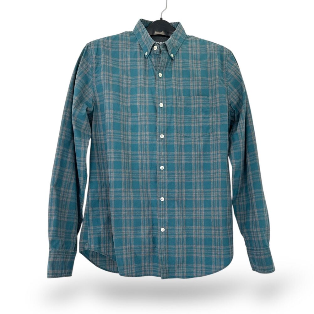 BONOBOS Button-down Men's Cotton Shirt Aquamarine & Gray Plaid Sz L EUC Long Slv